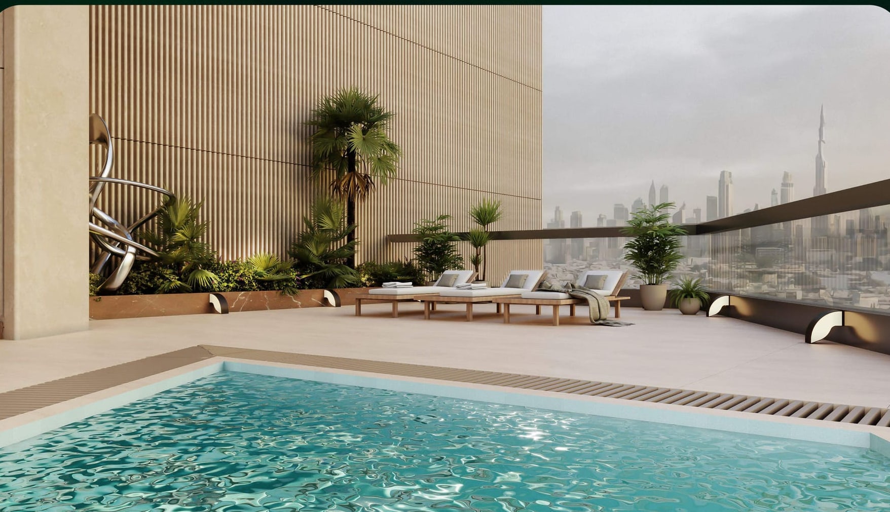 Marafid Tower, rooftop pool deck with the Dubai skyline beyond
